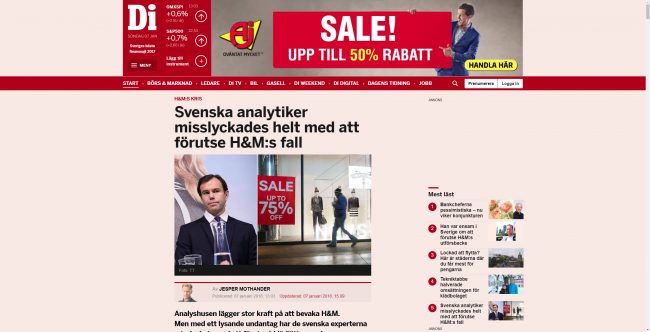 Dagens Industri 7 januari 2018 om att svenska analytiker misslyckades med att förutse H&Ms fall