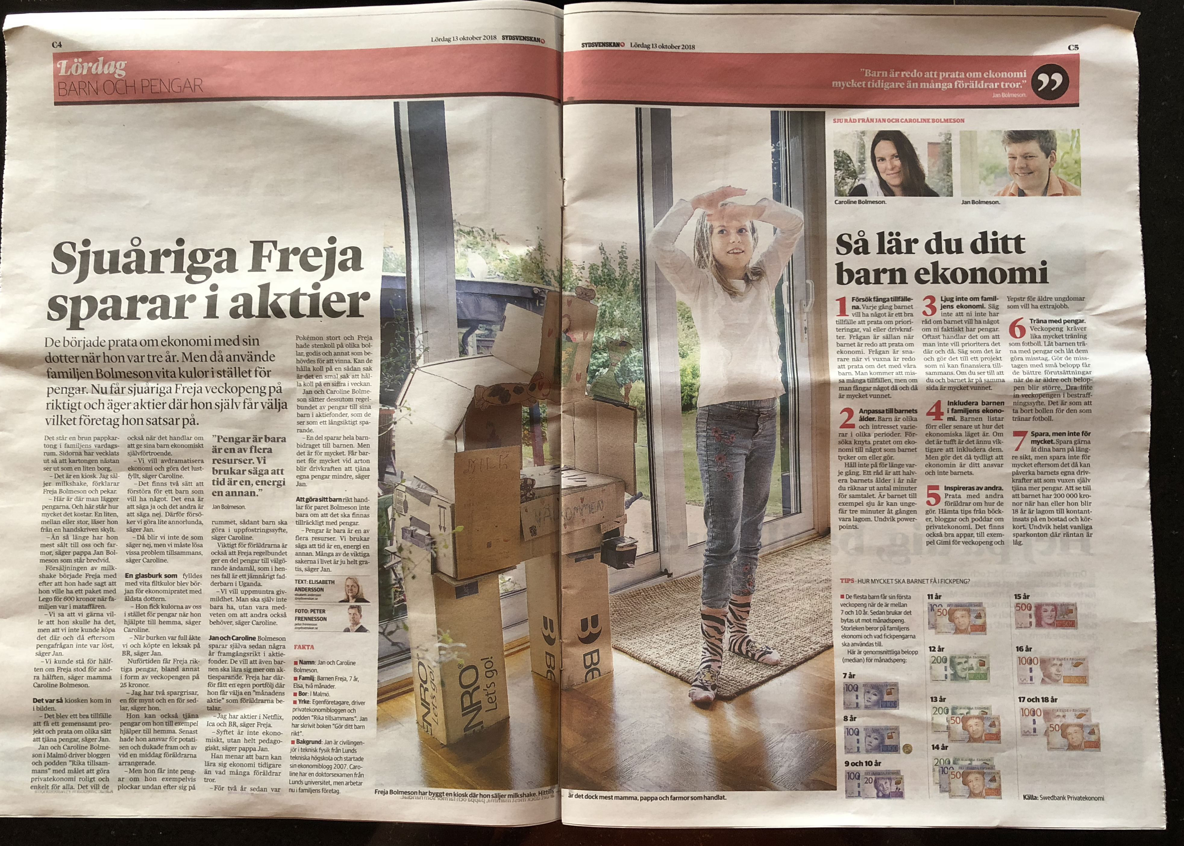 Freja intervjuad i Sydsvenskan om sitt sparande i aktier