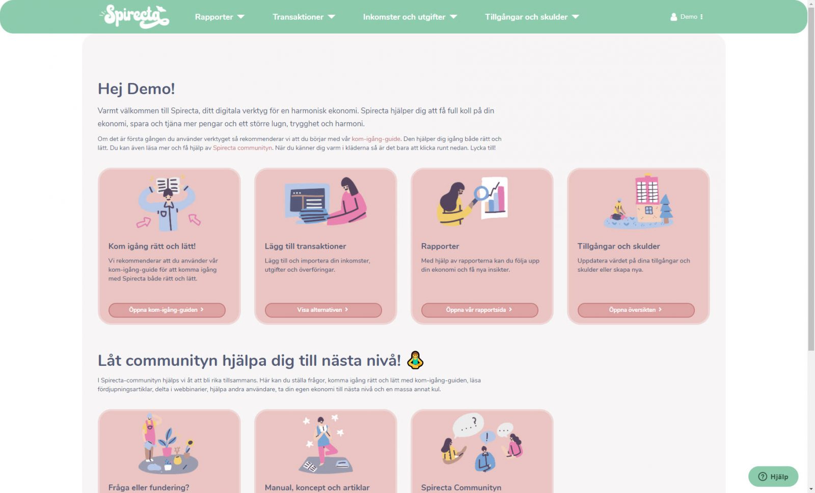 Startsidan efter inloggning i Spirecta