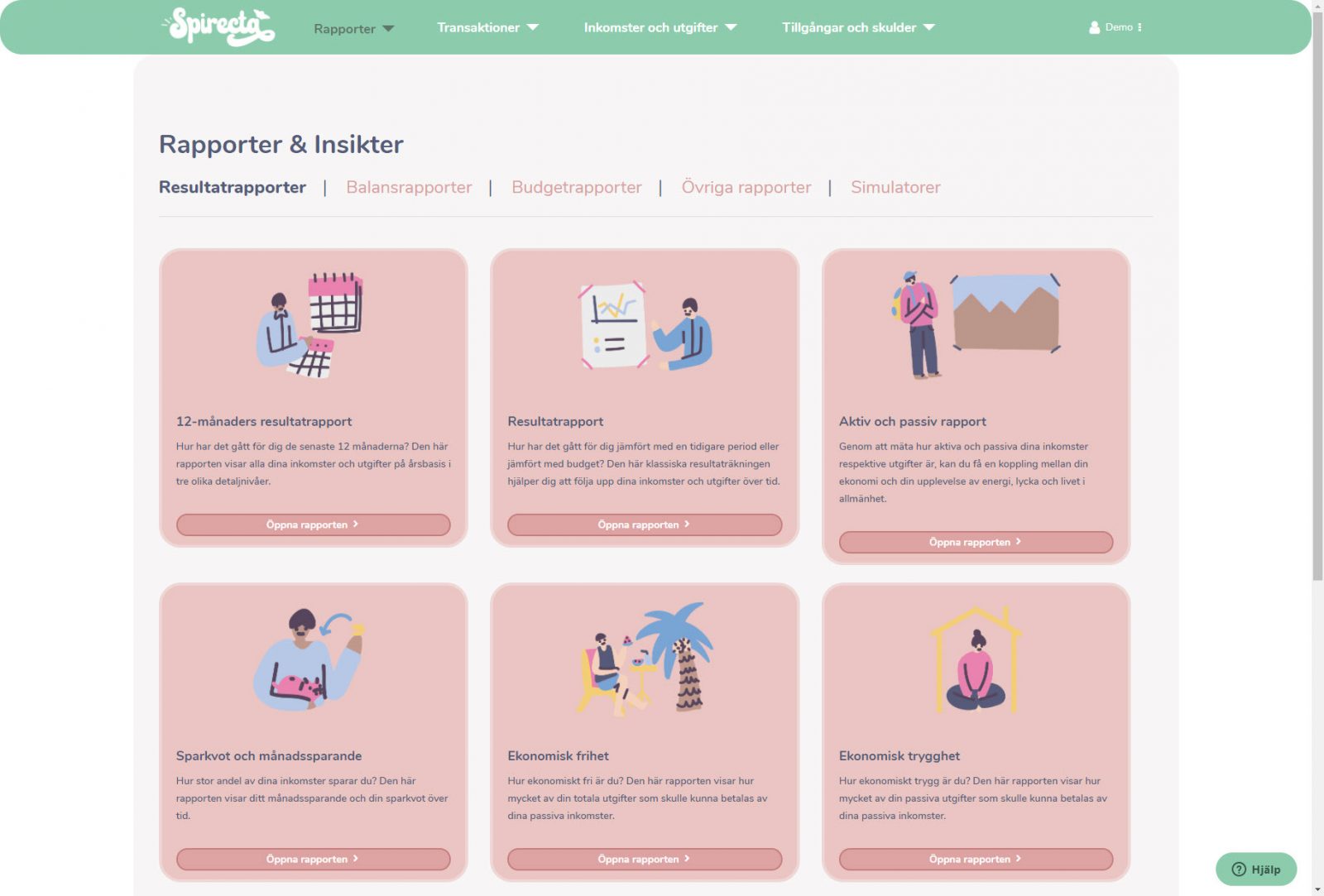 De olika rapporterna i Spirecta för inkomster och utgifter (resultatrapporterna)