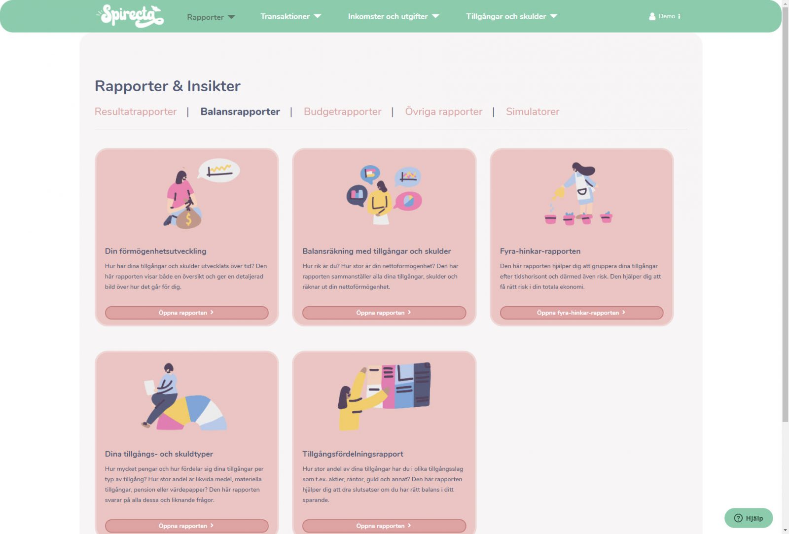 De olika balansrapporterna i Spirecta