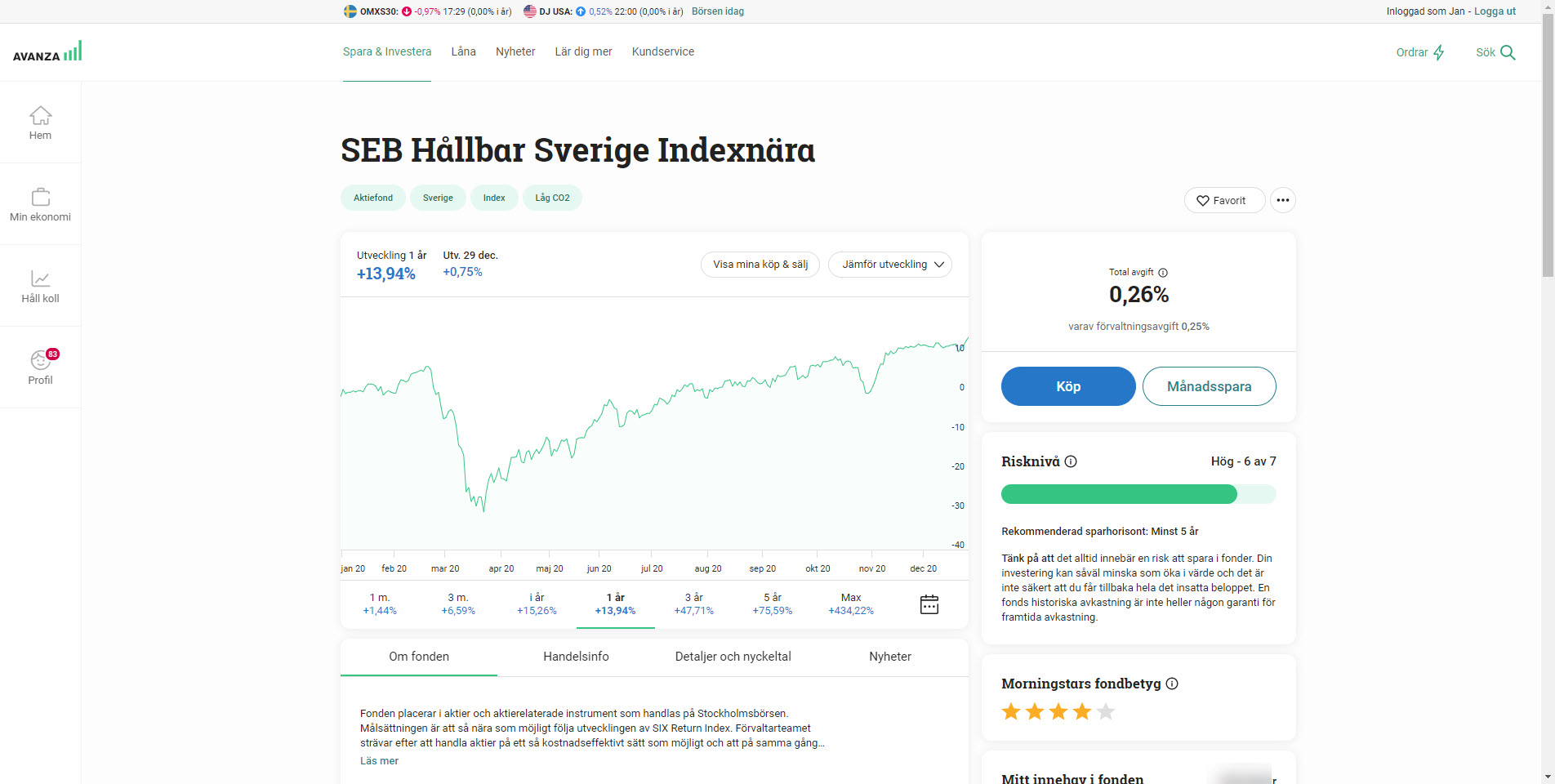 Den svenska indexfonden SEB Sverige Hållbar Indexnära