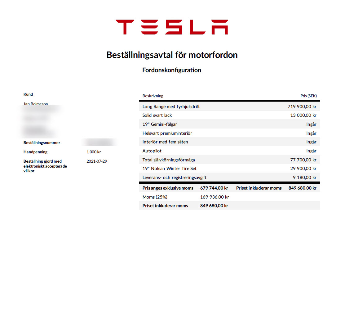 Priset vid kontantbetalning och själva beställningen
